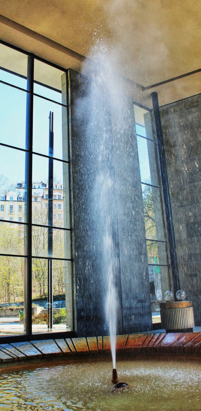 The Hot Spring Colonnade is in a more modern concrete-and-glass structure built in 1975. This impressive geyser which spurts water 12 meters into the air can be found in the spa town of Karlovy Vary in the Czech Republic