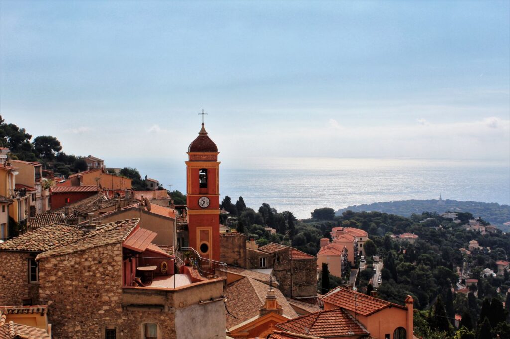 hilltop village with bell tower and sea views in beautiful villages near nice france