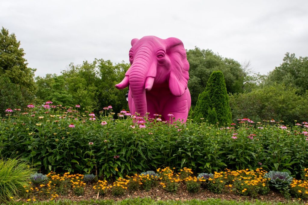 pink elephant in garden in Granby Eastern Township in Quebec