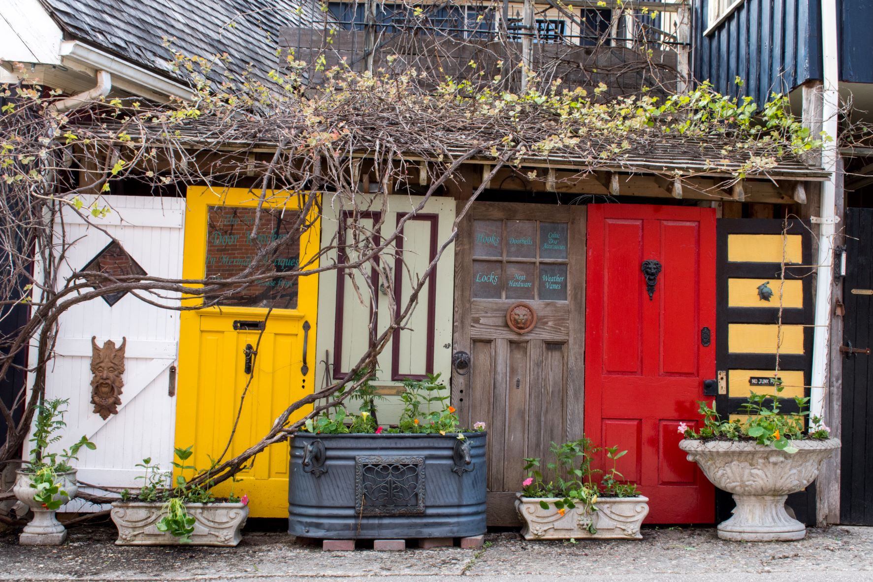 old doors in white, yellow, green and red