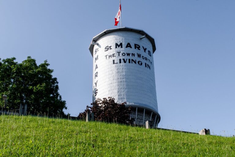 St. Marys water tower, built in 1899, is made entirely of local limestone. Visit this charming small town in Ontario, Canada.