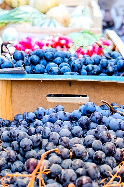 purple grapes in market stall