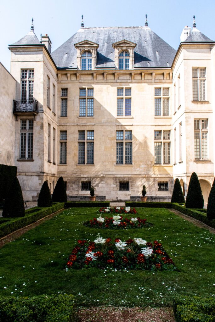 flowers with lawn and building in background in paris