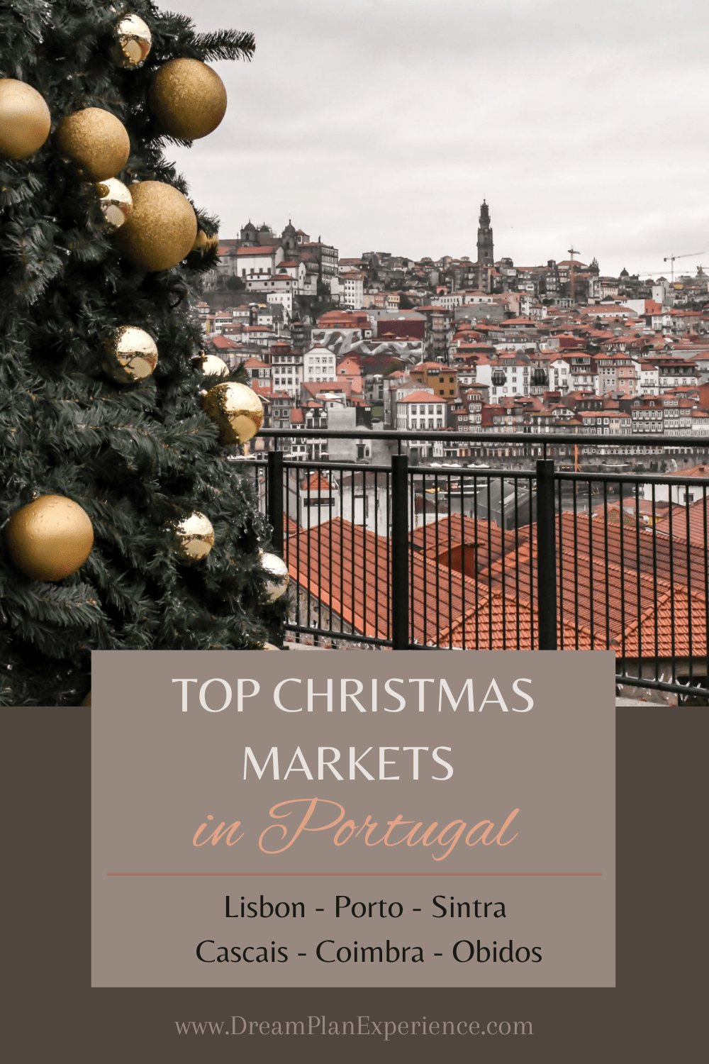 christmas tree and city of porto at christmas market in Portugal