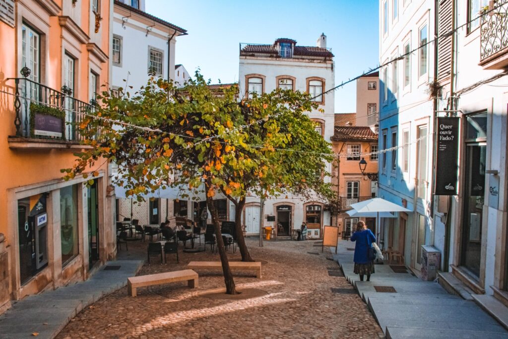 square with cobblestone buildings and tree with woman walking on 1 day in coimbra