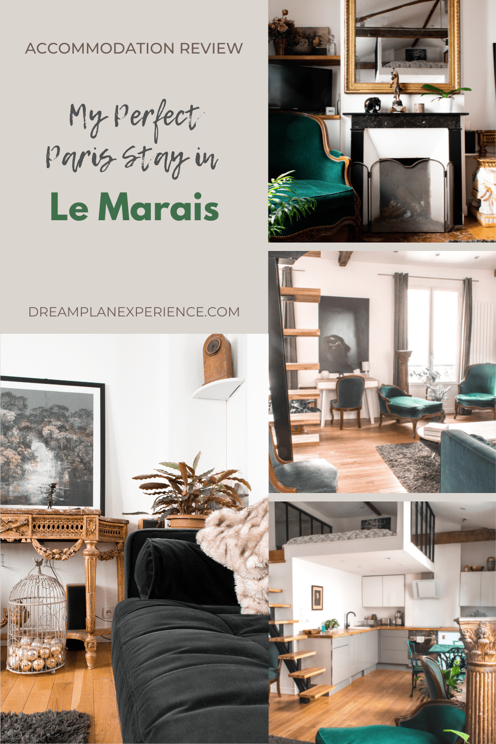 Apartment rental in Le Marais Paris showing blue and green velvet chairs, sofa with marble fireplace and tables