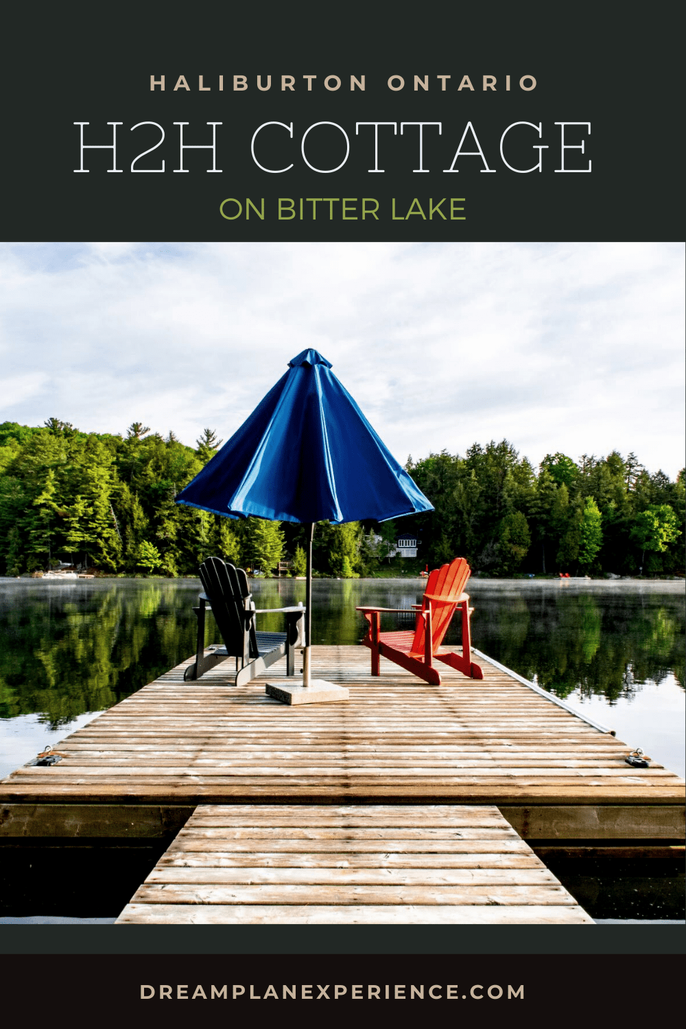 dock on lake with 2 chairs