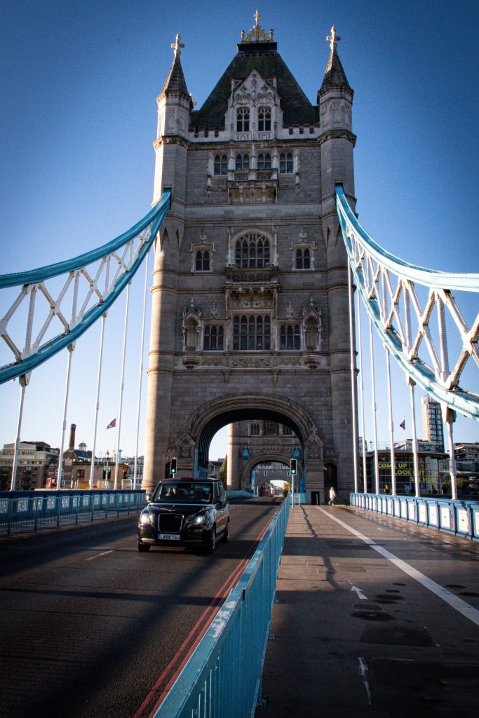 Tower bridge in london with taxi