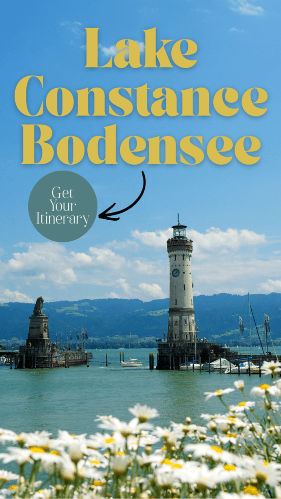 lake constance with boat lighthouse with flowers and text that reads lake constance bodensee