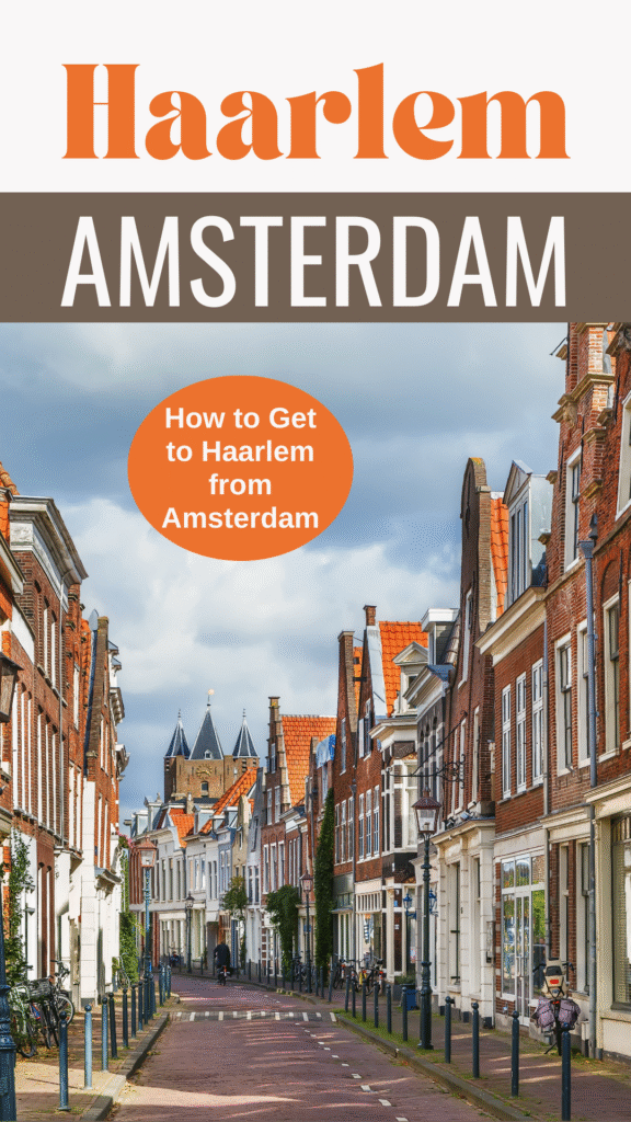 street with dutch houses in white and red rooftops with text that reads haarlem to amsterdam