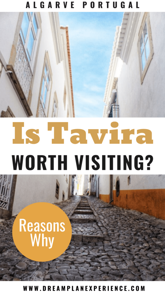 Is Tavira Worth Visiting or Too Quiet for You? 8 cobbled steps up steep street with white buildings and text overlay that reads is tavira worth visiting
