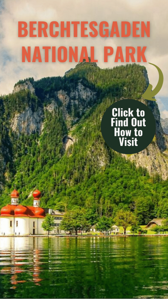 emerald green lake with mountains and white church with red dome and text that reads berchtesgaden national park