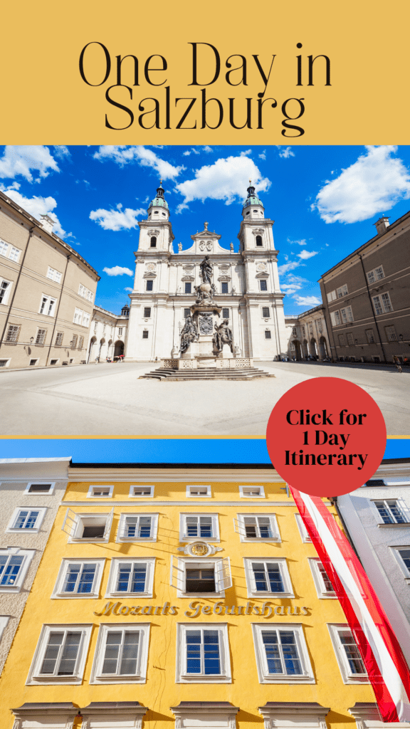 yellow mozart house and cathedral with text that reads one day in salzburg