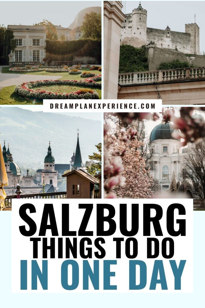 gardens, castle and church spires on a day trip to salzburg