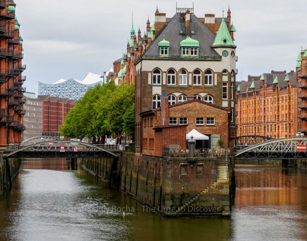 Hamburg Germany red building with bridge over water