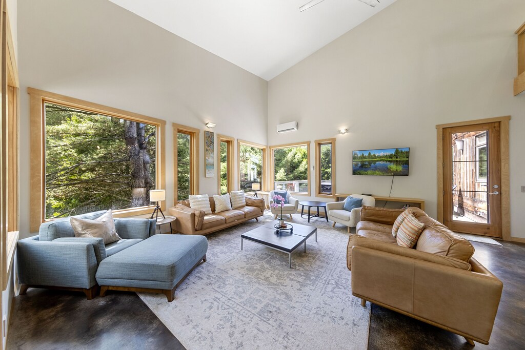 sofa, window to trees in Airbnb Haliburton
