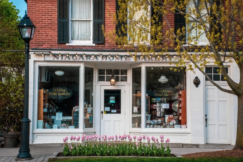 bakery with red brink and tulips as things to see niagara on the lake