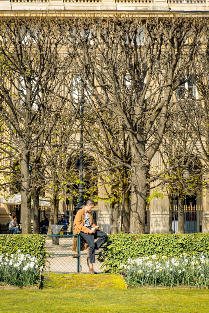 man sitting on gate in a paris garden in springtime reading a book surrounded by white flowers and budding trees