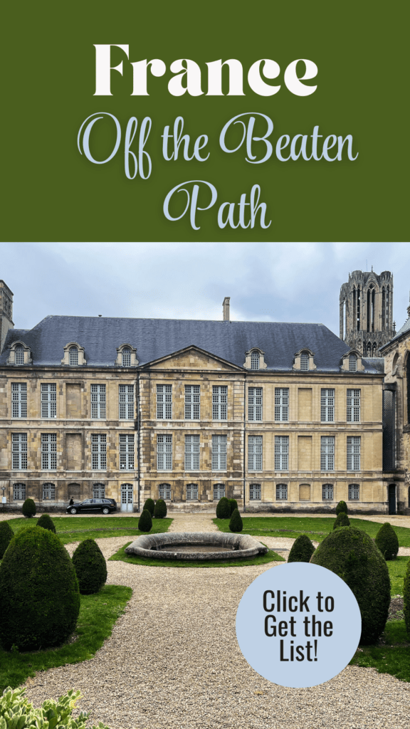 stone garden path with neat gardens and palace with text that reads france off the beaten path