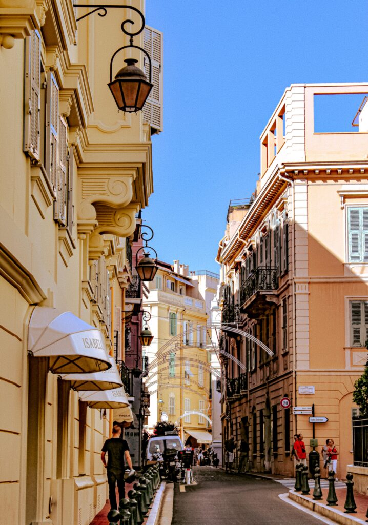 street with colourful buildings in one day in monaco