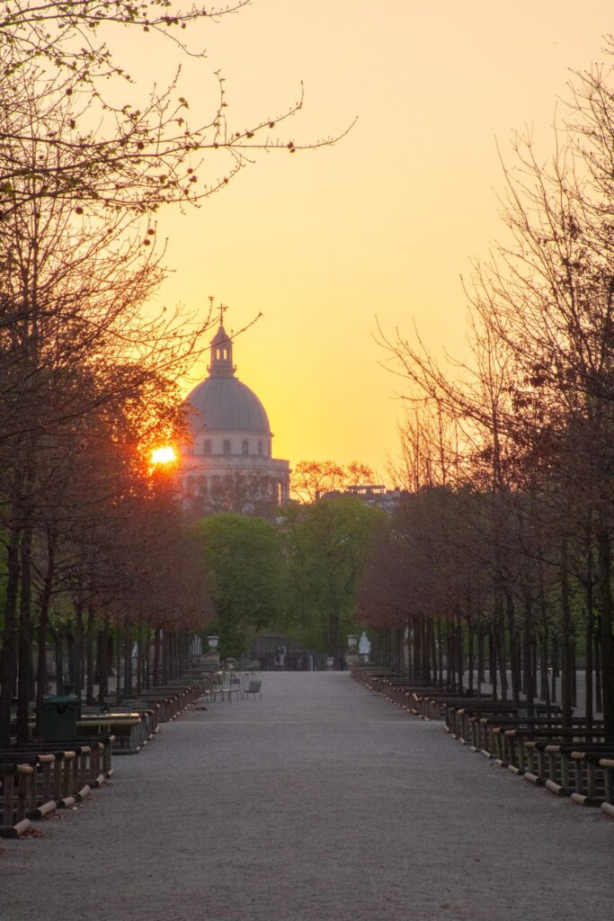 sunrise in park with chairs and garden in most romantic walks in paris