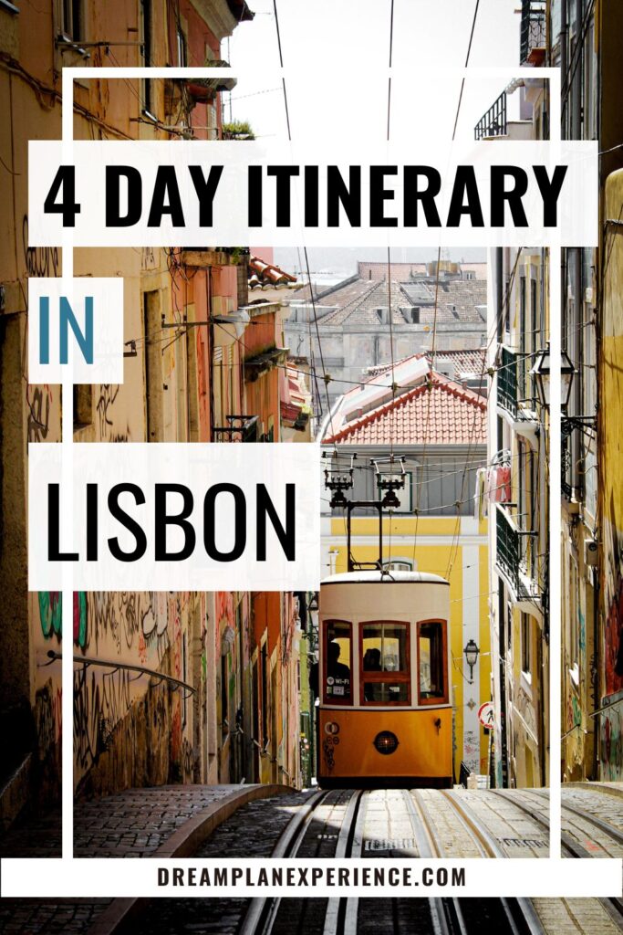 yellow tram with buildings with graffiti is something you will see itinerary lisbon 4 days