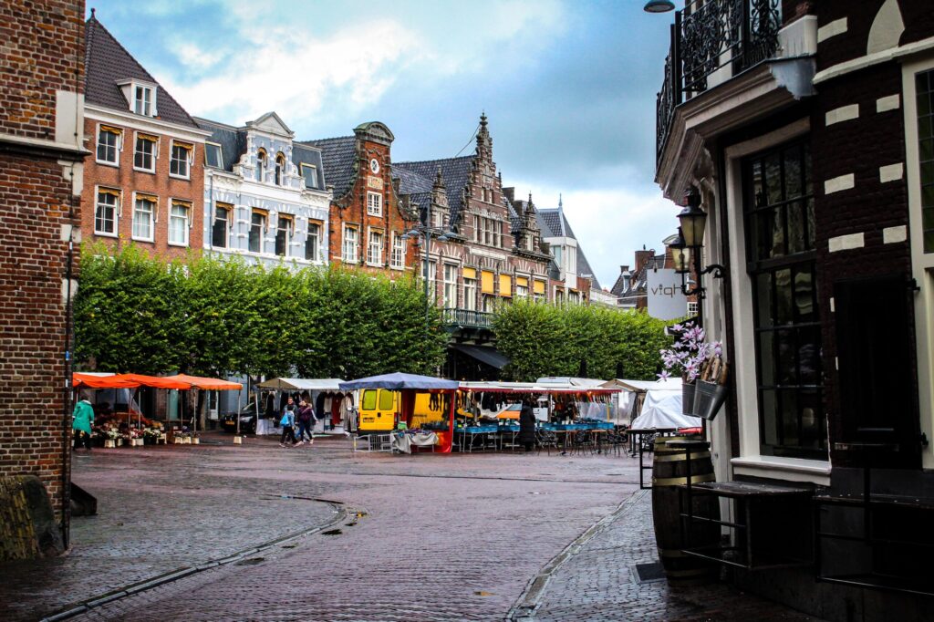 cobbled street in square with market on a day trip to haarlem