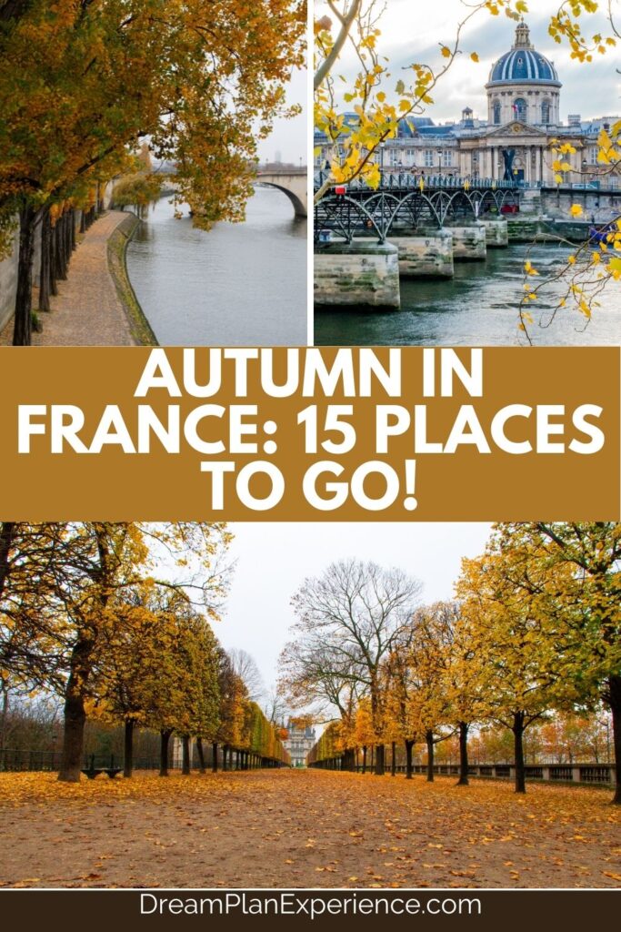 fall foliage in park, by canal and bridge in autumn in france