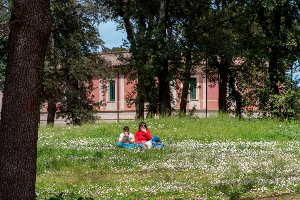 grass full of white flowers with mother and son having a picnic at rome gardens