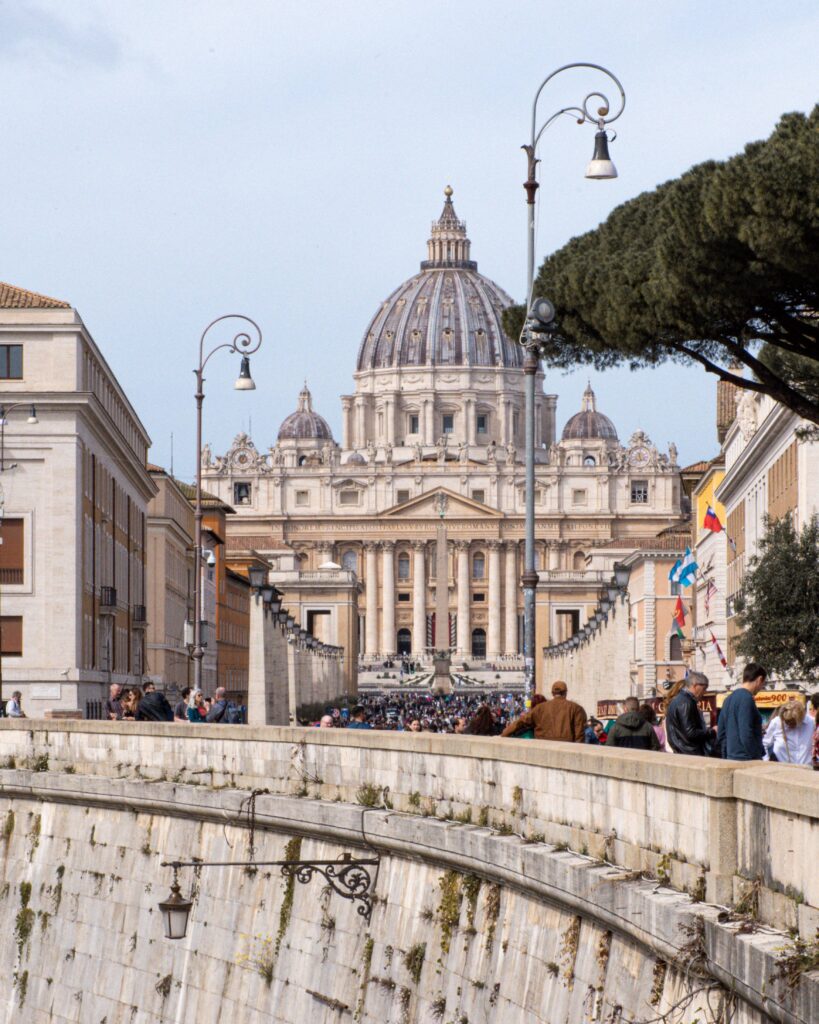 st paul's dome with street, people in most beautiful streets in rome