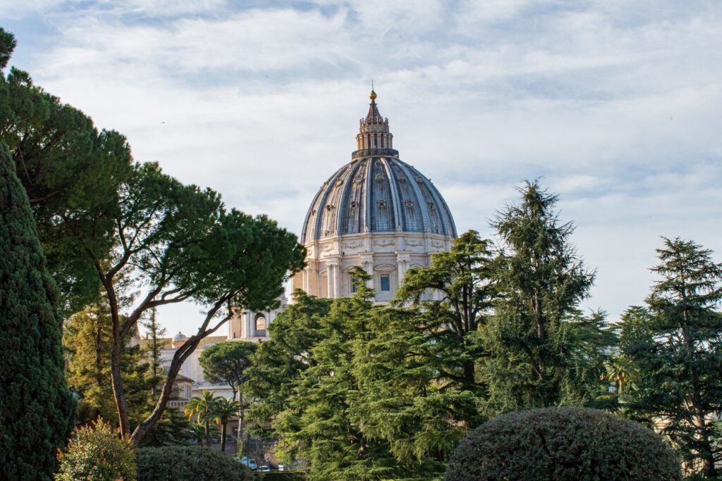trees with church dome in one day in vatican city