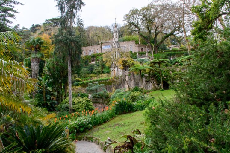lush gardens with palace in quinta da regaleira