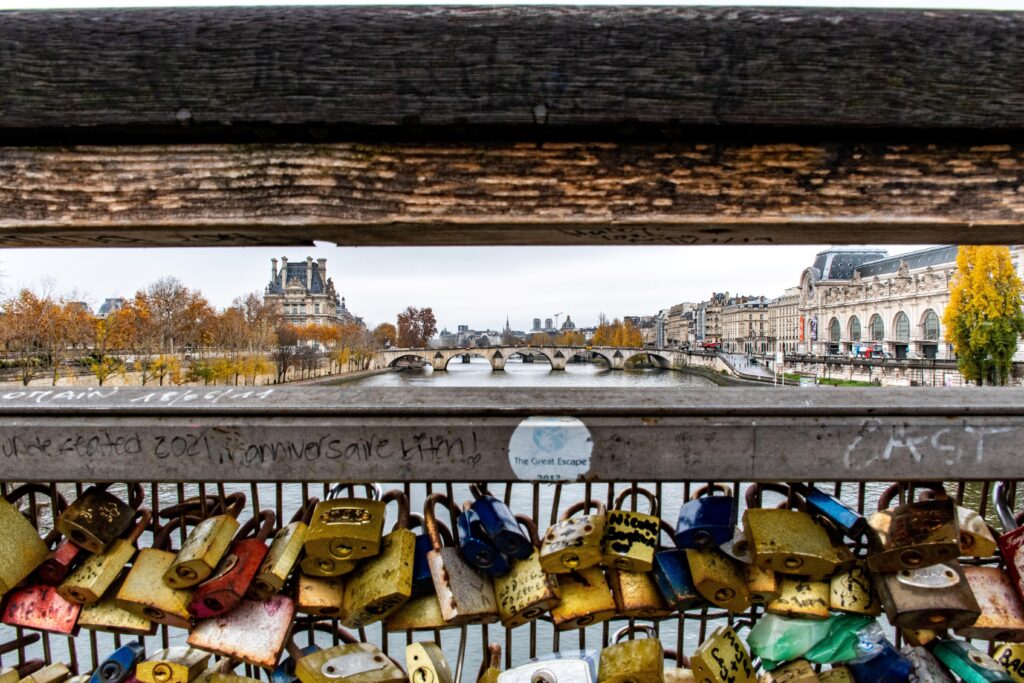 river on bridge with locks with view of buildings in why visit Paris 