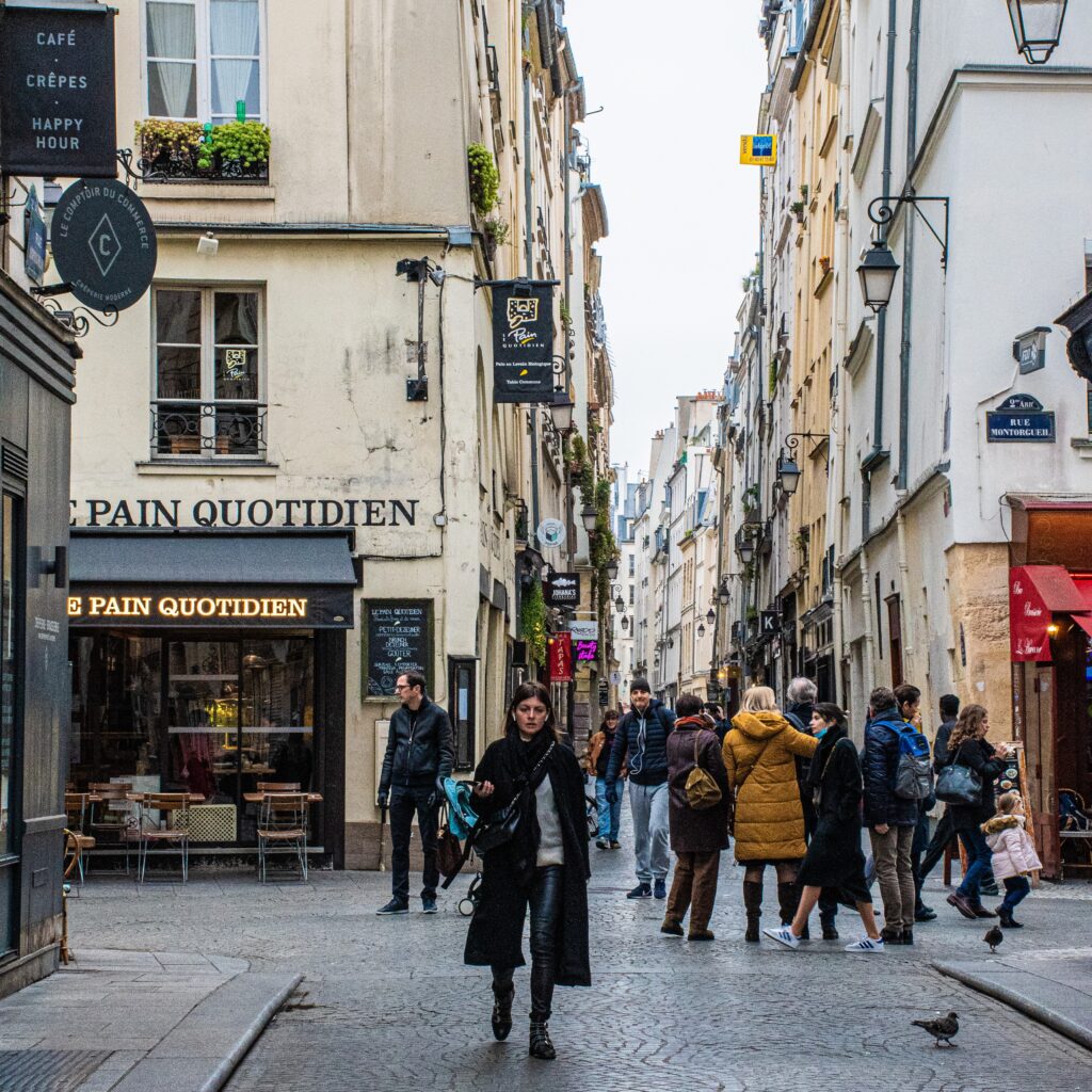 street buildings and people with female solo travel paris 