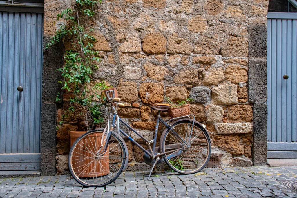 stone wall with bike leaning on it with plant in day trip from rome to orvieto