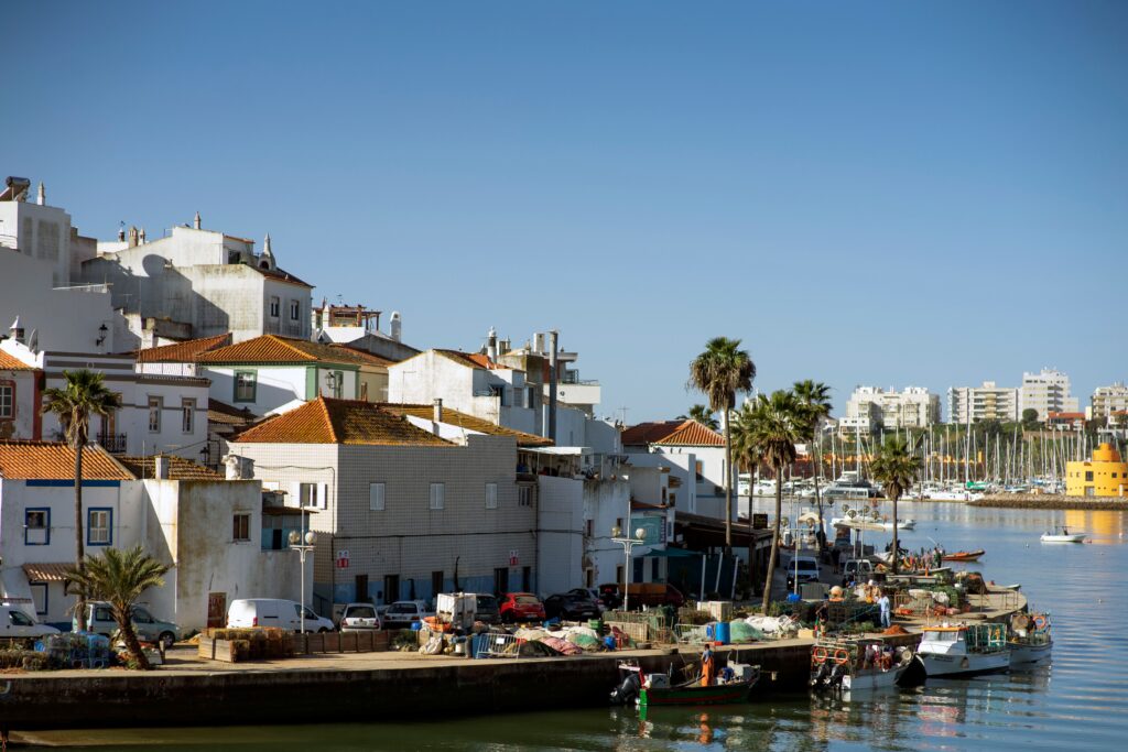 boats, sea and buildings in portual village