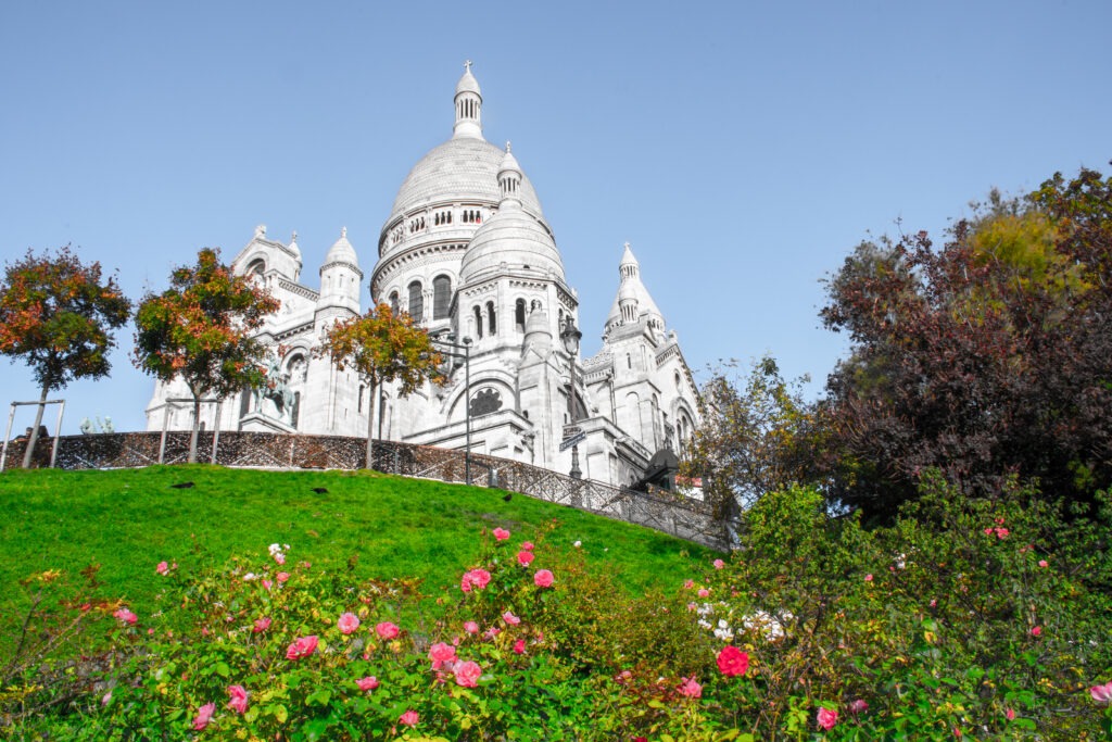 grassy hill with roses and church in paris