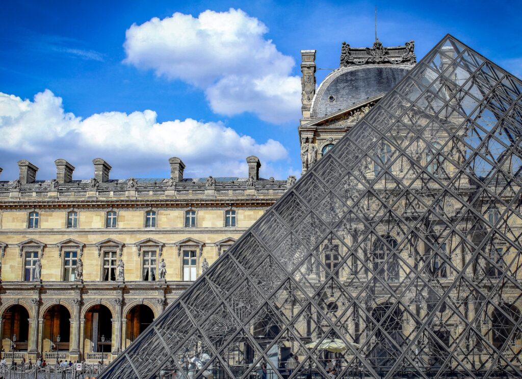 glass pyramid and building on wine tastings in paris tour