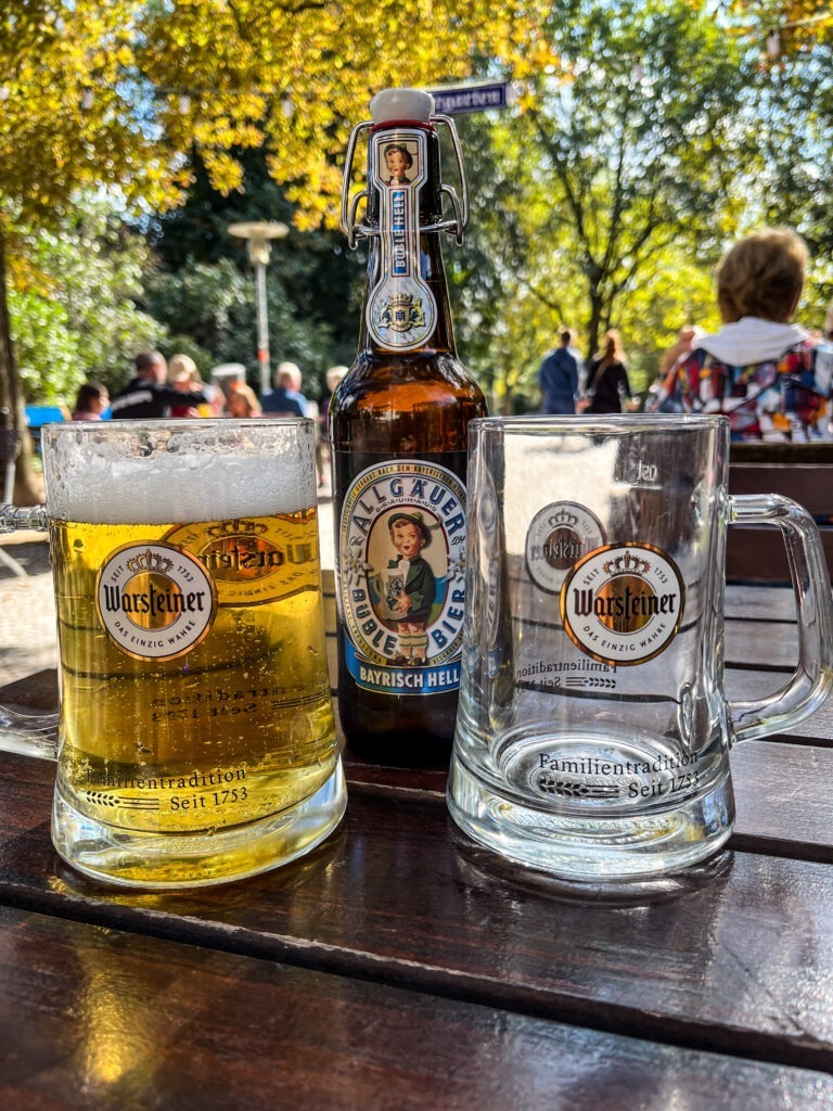 two beers on table at biergarten on berlin sunday