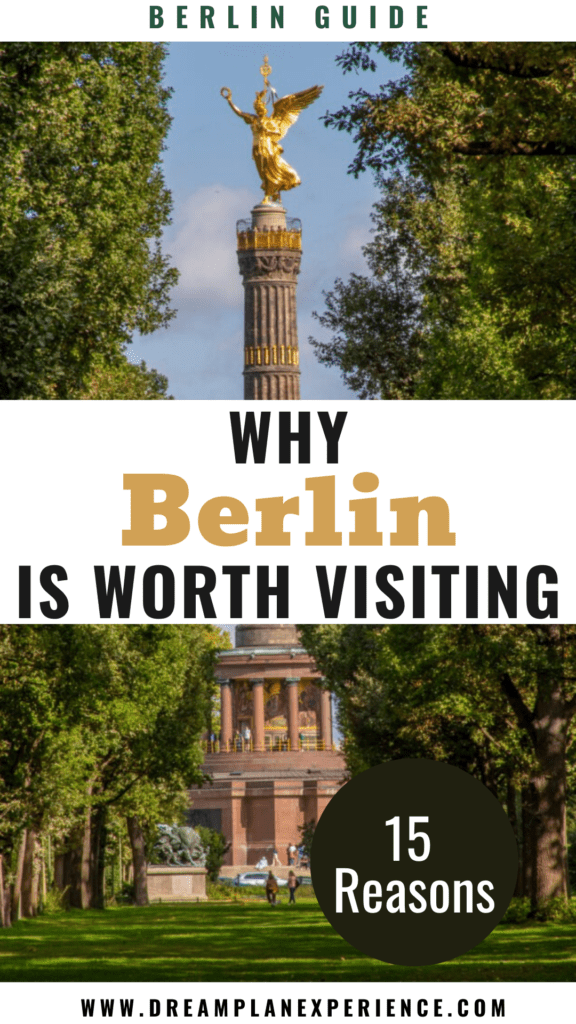 Is Berlin Worth Visiting? Not What You Expect 9 tower with statue on top and trees with text overlay that reads is berlin worth visiting