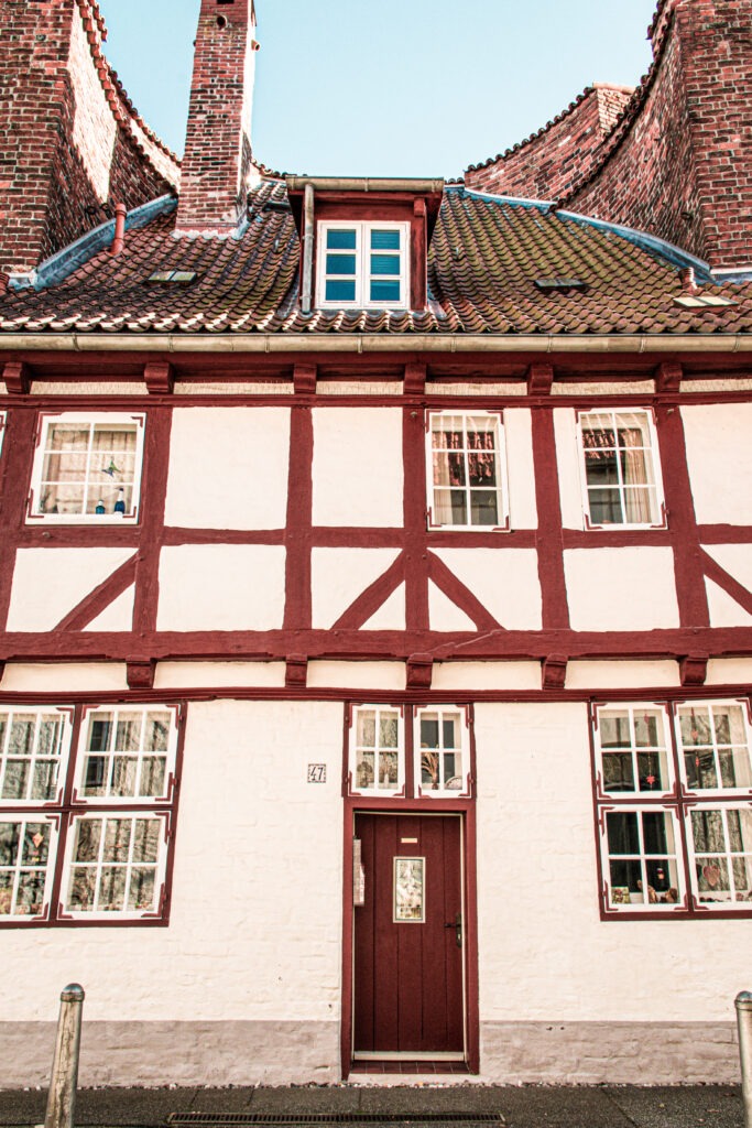 half timber house with tower in lubeck germany