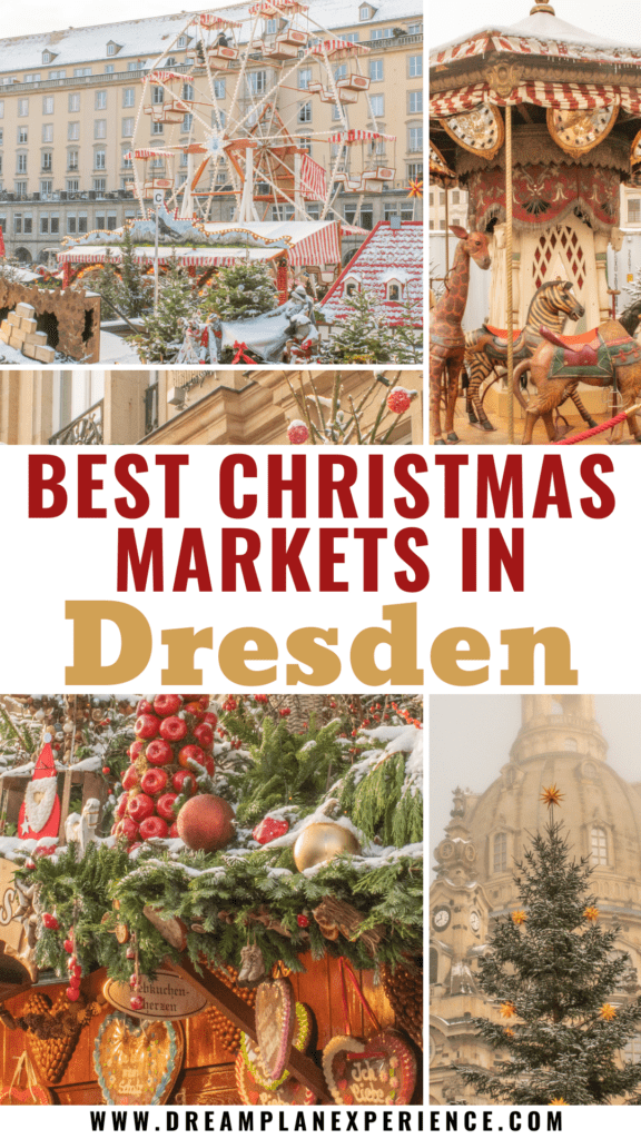 carousel, christmas tree with star, ferris wheel with text that reads best christmas markets in dresden
