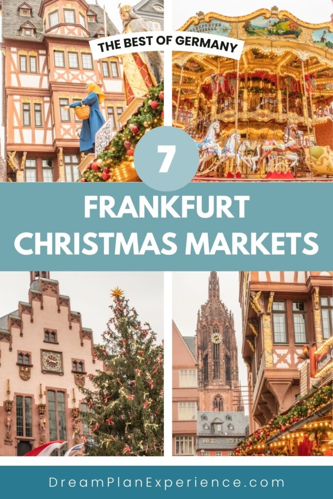 tree, carousel, half timbered buildings at christmas market in frankfurt germany