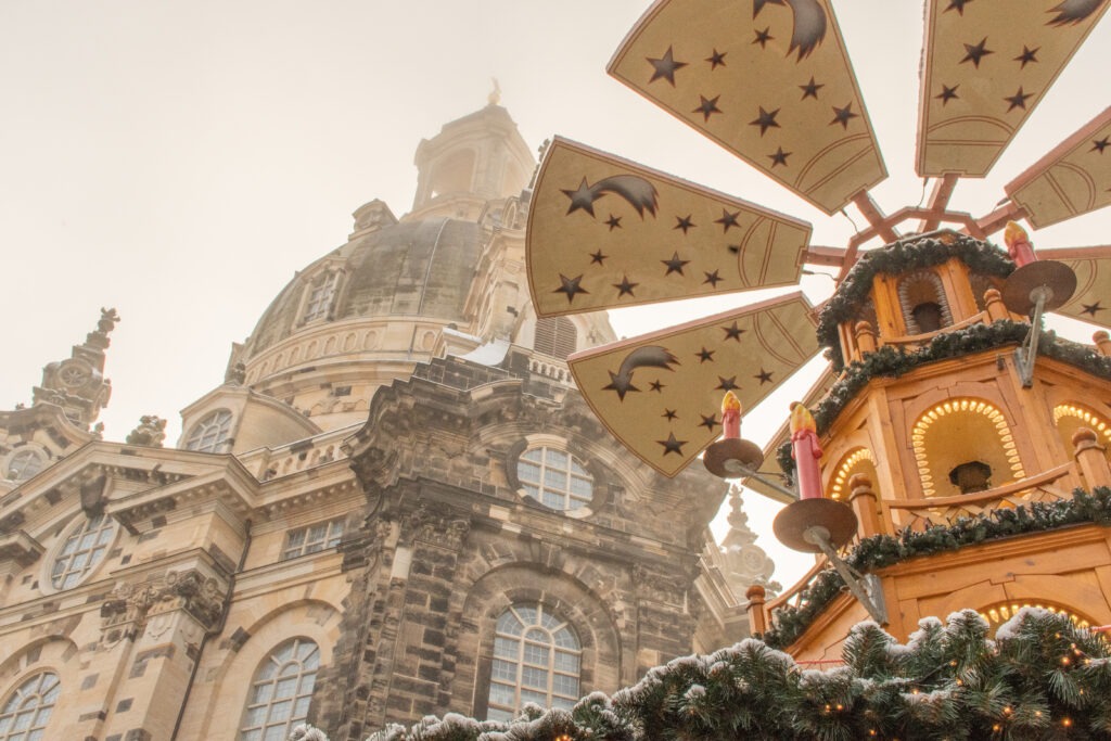christmas pyramid with church at best christmas market in dresden germany