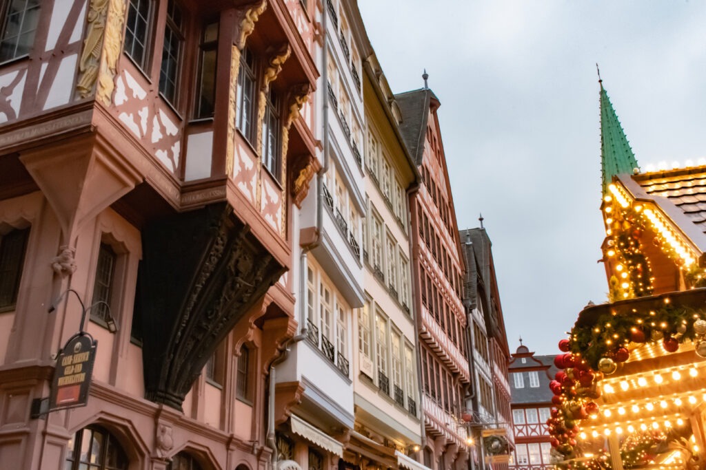 half timbered buildings at christmas markets in frankfurt germany