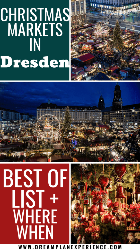 christmas market in dresden germany at night with lights, market stalls with decorations and ferris wheel with text that reads christmas markets in dresden