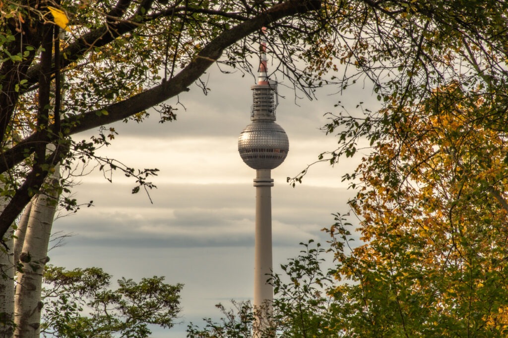 best views of berlin through trees to the TV Tower and cloudy sky