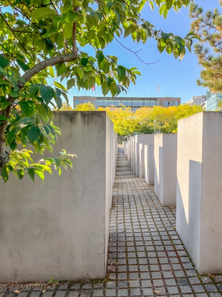 concrete slabs and trees at jewish memorial on one day in berlin itinerary