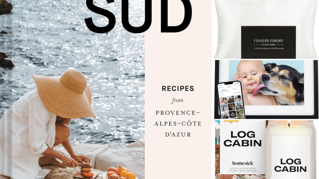 gifts for the traveller for their home showing a cookbook of recipes from south of france, candle, digital picture frame and silk pillow case