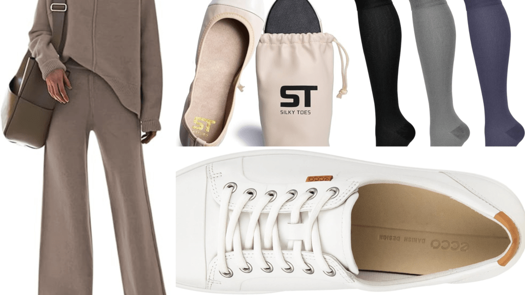 woman's loungewear set, ballet slipper shoes, compression socks and white sneakers